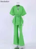 Women's Tracksuits Bornladies Green Cotton Vacation Trousers Suits Casual 2 Pieces Suits Half Sleeves Wrap Shirts and Wide Leg Pants Summer Outfits T220827 T220830