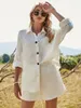 Dames PoloS Fashion Casual Women Tweed-delige kleding Set witte massieve kleur losse stijl lange mouw shirt en elastische taille shorts s/ m/ l/