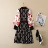 2022 Autumn Round Neck Knitted Panelled Paisley Dress Contrast Color Multicolor Floral Print Long Sleeve Knee-Length Dresses 22G262358D Plus Size XXL