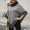 Damenpullover Damen Vintage Muster Patchwork Cape Mantel Plüsch Rollkragen Fledermausärmel Unregelmäßiger Saum Warmer Mantel Strickwaren für