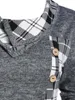 Women's T Shirts Plaid Print Mock Button Overlap Tunic T-Shirt Women Autumn Long Sleeves Casual Turn-Down Collar Tops 3xl