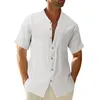 Mäns casual skjortor kort ärmknapp upp enkla män skjorta fast färg enkelbröst andas löst passande bomullslinne topp