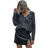 Camicette da donna Camicie da donna Stampa leopardata Scollo a V profondo Top a maniche lunghe Donna Pieghe casuali Allentato Streetwear Donna Elegante Ufficio