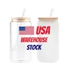 US Warehouse Wasserflaschen Sublimation 12oz 16oz Glas Tumbler Tassen Dosengläser mit Bambusdeckel wiederverwendbarer Strohhalm Becher Bier Transparent gefrostet Soda Cup Trinken GJ02