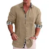 メンズ Tシャツ男性ファッションリネン服シングルブレストトップスカジュアルビーチシャツ長袖ポケットデザインブラウス