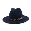 Nowa wełna Fedora Hat Hawkins poczuł czapkę szeroką grzbiet kobiety Kościół Jazz Chrzest ojciec Panama Cap with Leopard Leather Belt284Q