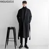 Herenpakken blazers yasuguoji vesten combineren jas met riem overjas mannelijke winter nieuwe zwarte turn down kraag lange mannen kleding l220902