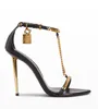 Women pointy open toe sandal brand high heels gold padlock Tom-f-sandal nappe leather naked heeled sandals wedding party dress pumps with box
