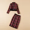 2022 Autumn Two Piece Dress Long Sleeve Lapel Neck Red Plaid Tweed Single-Breasted Coat & Panelled Tassel Mid-Calf Skirt Suits Set 22G26T XXL 2XL