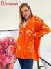 Kinted Heart Cardigan for Women Sweater Orange V-Neck Print Button långärmad tröjor Autumn Winter Casual Load Lady Tops