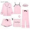 Kvinnors sömnkläder Julys Song Pink 7 Pieces Womens Pyjamas Set Faux Silk Striped Pyjama Womens Pyjamas Sleepwear Sets Spring Summer Homewear 220902