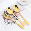 Flatware sets 3 stuks Gold Titanium Pating Serving lepels omvatten en gerichte roestvrijstalen gebruiksvoorwerpen set