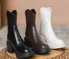 New Brand Design Fashion Boots Genuine Leather Women Chunky Round High Heels Boots Winter Tabi Shoes Short Boots