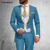 Herenpakken Nieuwste Royal Blue Suit Men 3pcs Slim Fit Wedding Man Bruidegom Tuxedo Double Breasted Gold Trim Jacket Vestbroek Set Tailcoat