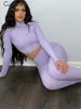 Femmes deux pièces pantalons mignon automne solide deux pièces ensemble femmes tenues demi col haut à manches longues haut court leggings maigres dame décontracté sport costume 220902