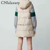 Women's Down Parkas 2022Winter Fashion Hooded Vests Women Elegant Side Pockets Coats Female Faux Leather White Straight Long Vest Ladies Parkas T220902