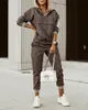 レディースツーピースパンツファッション女性格子縞のプリントジッパーフロントフード付きトップパンツセット2ピーススーツフレアパンツアウトウェア220902