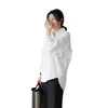 Autumn Korean Chic Style Cotton White Shirt Office Lady Basic Solid Blue Women Loose Side Split Casual Long Sleeve Tops