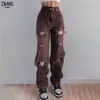 Women's Jeans Brown Ripped Vintage Woman's Distressed Streetwear Hole Hip Hop High Waist Pants Fashion Straight Denim Trousers Ladies 220902