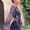 Work Dresses Women Summer Long Sleeve Backless Embroidery Floral Print Hollow Out Mesh See Through Flowers Maxi 220902