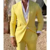 Мужские костюмы желтые льняные мужчины для летнего пляжа Slim Fit 2 штука свадебного жениха смокинга мужской модный костюм с брюками