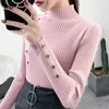 Pulls pour femmes 2022 femmes automne hiver pull tricoté solide femme doux élastique couleur pulls bouton pleine manches demi col roulé