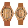 Polshorloges Vintage Stijlvolle Zebrawood Quartz Kijk voor een paar bruine echte lederen band Minimalistische Dial Men Women Polshorwatch Reloj