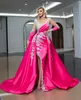 Fuchsia Mermaid Split Invindent Dress with Tachable Train Sheer Neck Longeves Beaded Formal Arabic Prom Dresses Custom Made