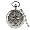 Montres de poche roue dentée chiffre romain boîtier creux mécanique argent main-vent pendentif horloge cadran blanc montre
