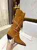 Tasarımcı Bayan Isabel Marants Boots Yeni Fransız Retro Dantel Batılı Kız Saçlı Toe Tıknaz Topuk Orta Yüksek Önyükleme Deri Kazık Yüksek Mercenize İnek Süet 35-41