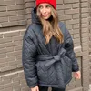 Women's Down Parkas CP Casual Loose Arylle Hooded Fashion Solid Thick Short Coats Elegant Tie Belt Cotton Jackets Female Ladies 220902