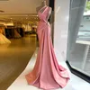 Pink Satin Prom Dresses Princess Sleeveless Deep V Neck One Shoulder Appliques Sequins Evening Dresses Sparkling Floor Length Party Gowns Plus Size Custom Made