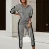 Women's Two Piece Pants Autumn Spring tracksuit set Women Elegant casual patchwork hooded pullover 2pcs Lady Plaid zipper toplong pant sport 220902