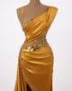 2022 Arabic Aso Ebi Gold Luxurious Prom Dresses Beaded Crystals Sheath Evening Formal Party Second Reception Birthday Engagement Gowns Dress ZJ730