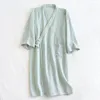 Women's Sleepwear Japanese Cotton Crepe Kimono Nightgown Three-quarter Sleeve Women's Spring Summer Thin Solid Bathrobe Home Service