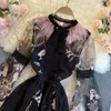 Günlük elbiseler Yüksek kaliteli zarif parti elbise kadınlar Kore tasarım uzun kollu A-line 2022 Sonbahar örgü nakış çiçeği