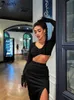 Lässige Kleider JuSaHy Elegante Solid Black Damen Zweiteilige Sets Lange Ärmel Crop Top Hohe Taille Seitenschlitz Röcke Passende Streetwear 220902