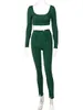 Women's Two Piece Pants Dulzura Ribbed Women 2 Pieces Long Sleeve Crop Top Buttons Patchwork Hollow Out Leggings Set Tracksuit Autumn Winter Outfit 220902