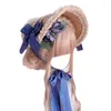 Wide Brim Hats 667E Elegant Lolita French Hat Lace Flower Ribbon Bonnet Flat Straw For Beach