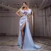 Blue Satin Evening Dresses For Women Applique Tulle High Split Mermaid Prom Party Gowns Long Wrap Formal Robe De Soiree Plus Size