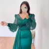 Dark Green Mermaid Evening Dresses Long Sleeves V Neck Sparkly Sequins Custom Made Plus Size Prom Party Gown vestidos Sain Formal Occasion Wear Satin Special Dresses