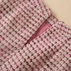 Abito a due pezzi in piume di tweed primaverile Manica lunga Girocollo Cappotto monopetto in tweed di colore rosa a contrasto Completo con gonna corta a pannelli 22G26T XXL