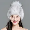 100% Import Mink Fur Hat With Fox Fur Ball Beanie Cap Winter Warm High Elastic