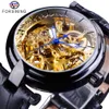 Покачивание ретро черное золотое скелет часов синие светящиеся руки подлинные кожаные мужские механические часы прозрачные щиты220V