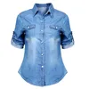 Blouses voor dames shirts vrouwen mode blauwe denim shirts meisjes herfst casual lange mouw solide twee zakken katoenen blend tops 220902