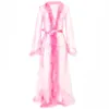 Women's Sleepwear Bridal Bathrobe Women's Nightgowns Fur Wedding Feather Translucent Lace Long Robes For Women Mesh Dress Solid