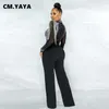 Women's Jumpsuits Rompers CM.YAYA Women Solid High Collar Drill Mesh Shoulder Cotton Long Sleeves Straight Sexy Party Outfits 220902