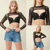 Frauen Sexy Tops Langarm Durchsichtig Mesh Fishnet Crop Top T-shirt Sheer Schwarz