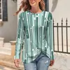 Women's T Shirts Retro 70S Green Line Abstract Geometric Street Wear Long Sleeve T-Shirt Pretty Pattern Tees Women Tops Big Size