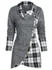 Women's T Shirts Plaid Print Mock Button Overlap Tunic T-Shirt Women Autumn Long Sleeves Casual Turn-Down Collar Tops 3xl